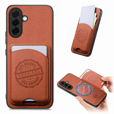 For Samsung Galaxy A27 5G Case Twill Texture Leather PC TPU Phone Cover with Detachable Magnetic Card Holder - Brown
