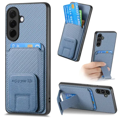 For Samsung Galaxy A27 5G Case Card Holder Carbon Fiber Texture Leather Coated TPU Phone Cover - Blue