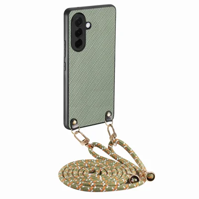 Voor Samsung Galaxy A27 Hoesje Koolstofvezelstructuur Hybride Telefoonhoes met Verstelbare Band - Groen