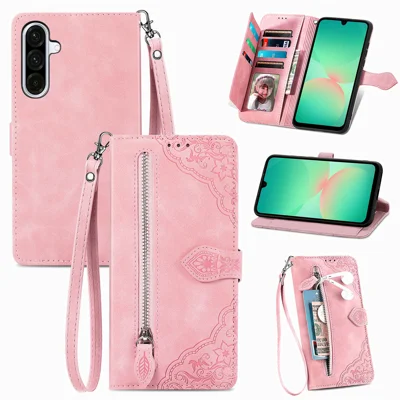For Samsung Galaxy A27 5G Zipper Wallet Case with Strap Flower Imprint PU Leather Phone Cover - Pink