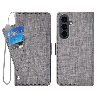 For Samsung Galaxy A27 5G Case Jean Cloth Texture PU Leather Wallet Phone Cover with Rotating Card Slots - Grey