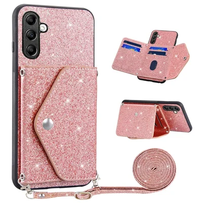 For Samsung Galaxy A27 5G Case Card Holder Kickstand PU Leather + TPU Glitter Phone Cover with Shoulder Strap - Pink