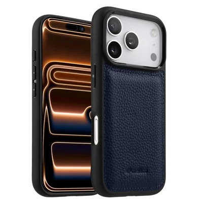 MELKCO Für iPhone 17 Pro Max Hülle Echtes Rindsleder-beschichtete PC-Handyhülle - Dunkelblau