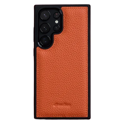 MELKCO For Samsung Galaxy S24 Ultra Case Genuine Cow Leather Coated PC Phone Cover - Orange