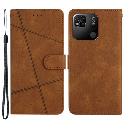 غطاء هاتف بملمس جلد الحصان المجنون لـ Xiaomi Redmi 10A، غطاء محفظة بتصميم خطوط منقوشة وحامل من الجلد مع حزام - بني