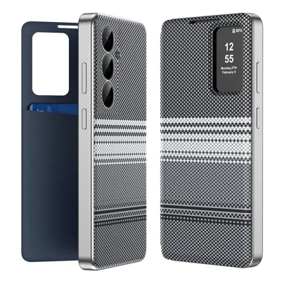 Étui pour Samsung Galaxy S25 avec fenêtre de visualisation, fente pour carte, couleur dégradée, motif damier, housse en cuir - Noir