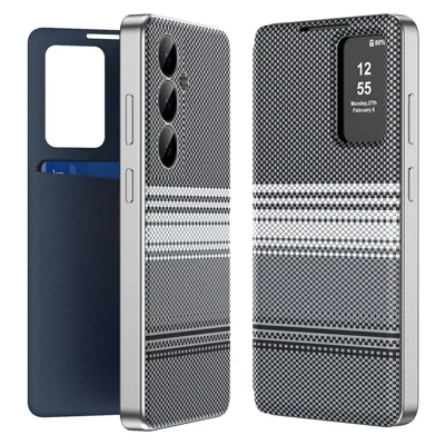 For Samsung Galaxy S25+ Case Card Slot View Window Gradient Color Checkered Pattern Leather Phone Cover - Black