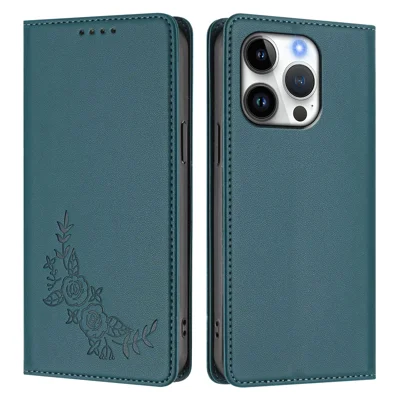  For iPhone 16 Pro Wallet Stand Case Peony Flower Pattern TPU PU Leather Flip Cover - Green