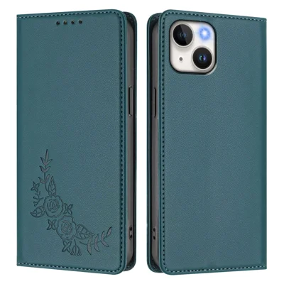  For iPhone 15 Wallet Stand Case Peony Flower Pattern TPU PU Leather Flip Cover - Green