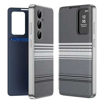 For Samsung Galaxy S24 Case Card Slot View Window Gradient Color Checkered Pattern Leather Phone Cover - Black