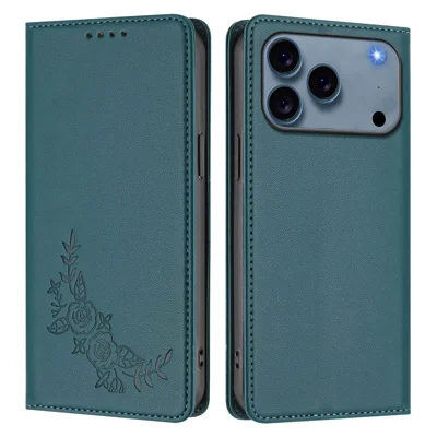 Coque portefeuille support pour iPhone 17 Pro Max, motif fleur de pivoine, housse rabattable en cuir PU et TPU - Vert