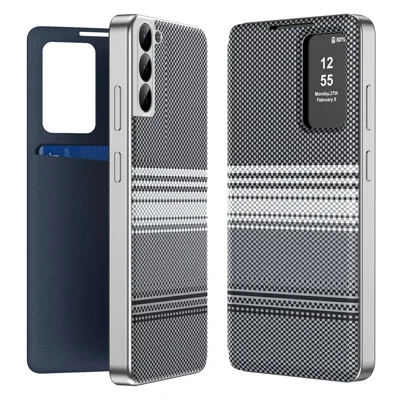 For Samsung Galaxy S22 5G Case Card Slot View Window Gradient Color Checkered Pattern Leather Phone Cover - Black