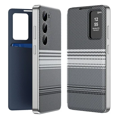 For Samsung Galaxy S23 Case Card Slot View Window Gradient Color Checkered Pattern Leather Phone Cover - Black
