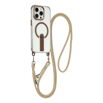 Voor iPhone 16 Pro Magnetische Telefoonhoes met Standaard en 2-in-1 6mm 150cm Lengte Strap PC TPU Telefoonhoes - Goud