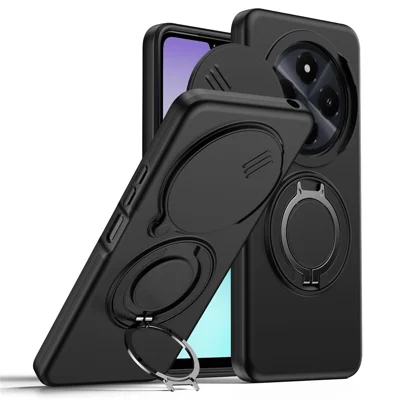 Magnetic Case for Xiaomi Poco C75 4G / Redmi 14C 4G / Redmi 14C 5G / Redmi 14R 5G Ring Kickstand Slide Camera Cover TPU PC Hybrid Phone Shell - Black