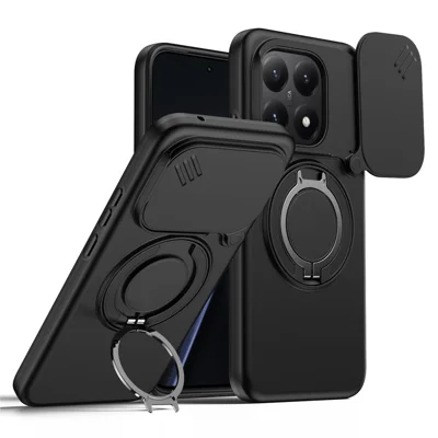 Funda magnética con anillo soporte giratorio y cubierta deslizante para cámara para Xiaomi 15T, carcasa híbrida TPU y PC - Negro