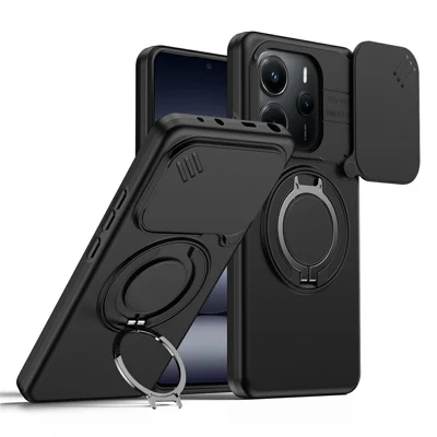 Voor Xiaomi Redmi Note 14 5G / Note 14 4G (163,25 mm) Magnetische Behuizing met Ringstandaard, Schuifbare Cameraafdekking, TPU PC Hybride Hoes - Zwart