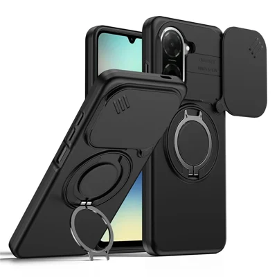 Magnetic Case for Xiaomi Poco C71 4G / Redmi A5 4G (Global) (171.8mm) / Redmi A5 4G (171.7mm) Ring Kickstand Slide Camera Cover TPU PC Hybrid Phone Shell - Black