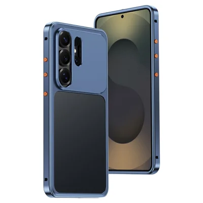 For Samsung Galaxy S24 Ultra Metal Frame Case Magnetic Snap On Frame PC Hollow Back Heat Dissipation Shockproof Cover - Titanium Blue