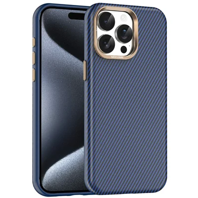 Capa para iPhone 15 Pro Max Compatível com MagSafe, Textura em Fibra de Carbono, à Prova de Choques, em Pele e TPU PC, Capa Protetora - Safira