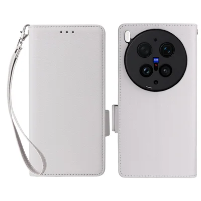 For vivo X300 Ultra 5G Case Litchi Texture Wallet Leather Phone Cover with Wrist Strap - White