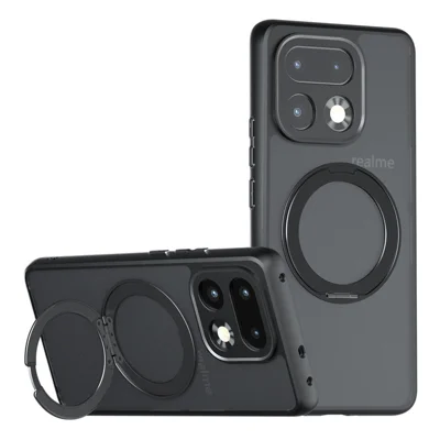 For Realme 16 Pro+ 5G Matte Skin-touch Magnetic Case 360° Rotating Kickstand Shockproof TPU + PC Phone Cover - Transparent Black