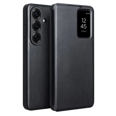 QIALINO For Samsung Galaxy S26+ Case View Window Genuine Cow Leather Flip Phone Cover (APP Version) - Black