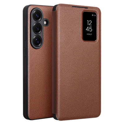 QIALINO For Samsung Galaxy S26 Case View Window Genuine Cow Leather Flip Phone Cover (APP Version) - Brown