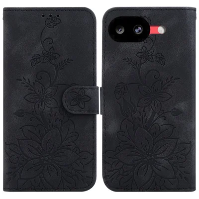 For Google Pixel 10a Stand Case Lily Flower Imprint Leather Phone Cover with Wrist Strap - Black