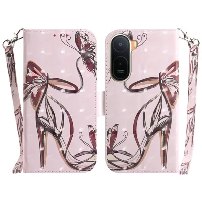 Cover per telefono in pelle con stampa di design per Xiaomi Poco C85x 5G / Redmi A7 Pro 4G, custodia portafoglio con tracolla da polso - Farfalla Tacchi a spillo