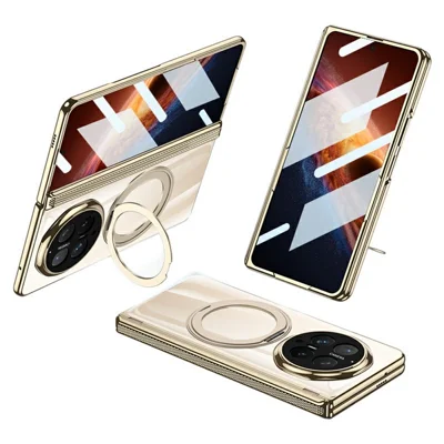 GKK para Honor Magic V6 5G Funda Magnética Transparente PC con Bisagra Plegable, Funda con Soporte y Película Trasera de Cristal Templado - Dorado Champán