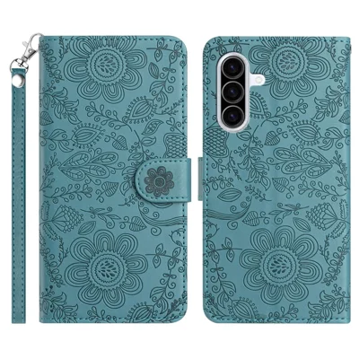 For Samsung Galaxy A27 5G Case Flower Imprint Leather Flip Wallet Phone Cover with Wrist Strap - Blackish Green