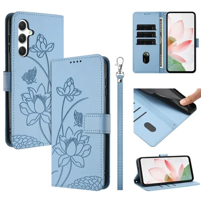 Bulk Purchasing for Samsung Galaxy A56 5G / M56 5G Wallet Case Lotus Embossed Leather Flip Cover with Wrist Strap - Blue
