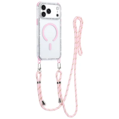 For iPhone 18 Pro Max / 17 Pro Max Magnetic Case Diamond Edge Design Clear Cover with 70-140cm Adjustable Lanyard Compatible with Magsafe - Pink