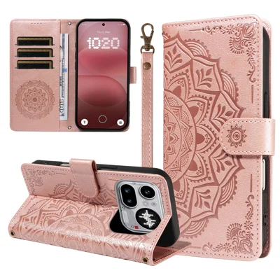  For Nothing Phone (4a) Pro Wallet Case Embossed Mandala Pattern PU Leather + TPU Cover with Wrist Strap - Rose Gold