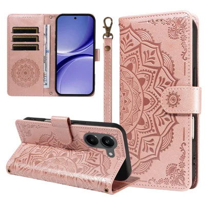  For Xiaomi Poco X8 Pro 5G / Xiaomi Redmi Turbo 5 5G Wallet Case Embossed Mandala Pattern PU Leather + TPU Cover with Wrist Strap - Rose Gold