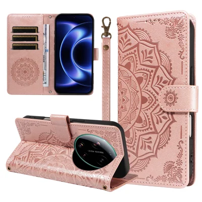 Voor Xiaomi 17 Ultra 5G Walletcase Met Reliefpatroon van Mandala PU Leer + TPU Cover met Polsriem - Roze Goud