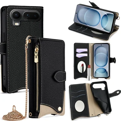 Étui en cuir pour Honor Magic8 Pro Air 5G, étui portefeuille avec support et chaîne, style de queue irrégulier - Noir