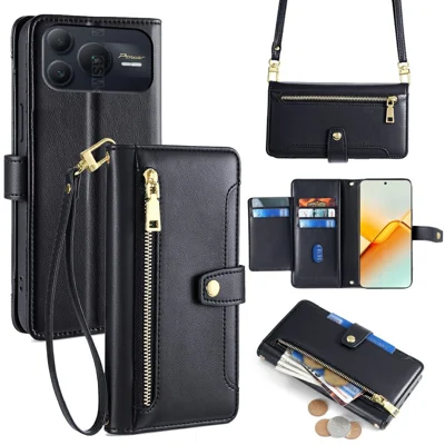 For Honor Power2 5G Leather Case Zipper Pocket Wallet Phone Cover with 2 Straps - Black