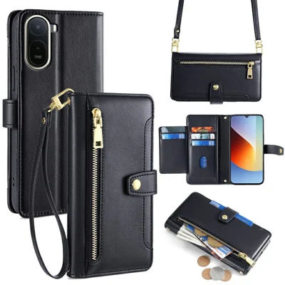 For Xiaomi Poco C85x 5G / Redmi A7 Pro 4G (171.56mm) Leather Case Zipper Pocket Wallet Phone Cover with 2 Straps - Black