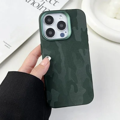 For iPhone 13 Pro Magnetic Case Luxury Camouflage PC PU Leather Shockproof Cover Compatible with Magsafe - Army Green