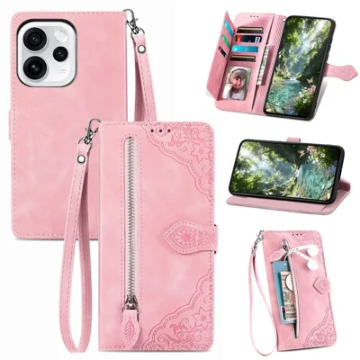 Zipper Wallet Case For Oppo Reno15 Pro 5G (Global)  /  15 5G (China) Flower Imprint PU Leather Phone Cover with Strap - Pink
