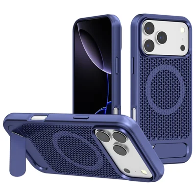 Coque pour iPhone 17 Pro Max avec dos ventilé, dissipateur de chaleur, support intégré, compatible MagSafe - Saphir