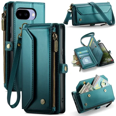  CaseMe for Google Pixel 10a CASEME C36 Leather Case Zipper 10 Card Slots Phone Cover with Straps - Green