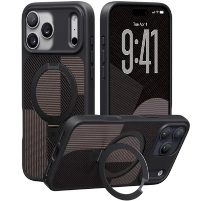 Чехол CASEKOO для iPhone 17 Pro Max, совместимый с MagSafe, с геометрическим рисунком, из поликарбоната + ТПУ, с кольцевым держателем-подставкой — коричневый