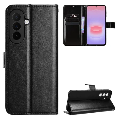 For Samsung Galaxy A27 5G PU Leather Case with Strap Crazy Horse Texture Phone Wallet Cover - Black