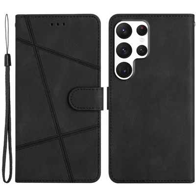 For Samsung Galaxy S23 Ultra  Imprinted Lines Crazy Horse Texture Phone Case PU Leather Flip Stand Magnetic Protective Wallet Cover with Strap - Black