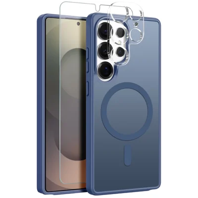 NORTHJO For Samsung Galaxy S25 Ultra Magnetic Case Translucent Matte Shockproof Phone Cover Set with Front Screen Protector + Lens Film - Blue