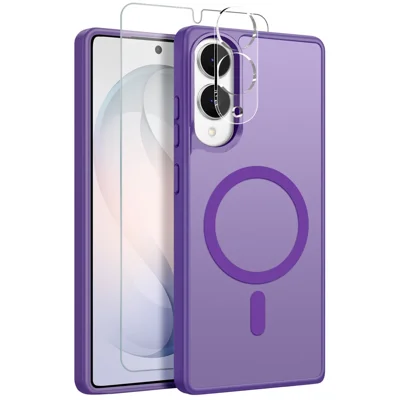 NORTHJO For Samsung Galaxy S25 Edge Magnetic Case Translucent Matte Shockproof Phone Cover Set with Front Screen Protector + Lens Film - Purple
