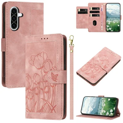 For Samsung Galaxy A27 5G Case Tulip Leather Phone Cover with 5 Card Slots Wallet - Pink